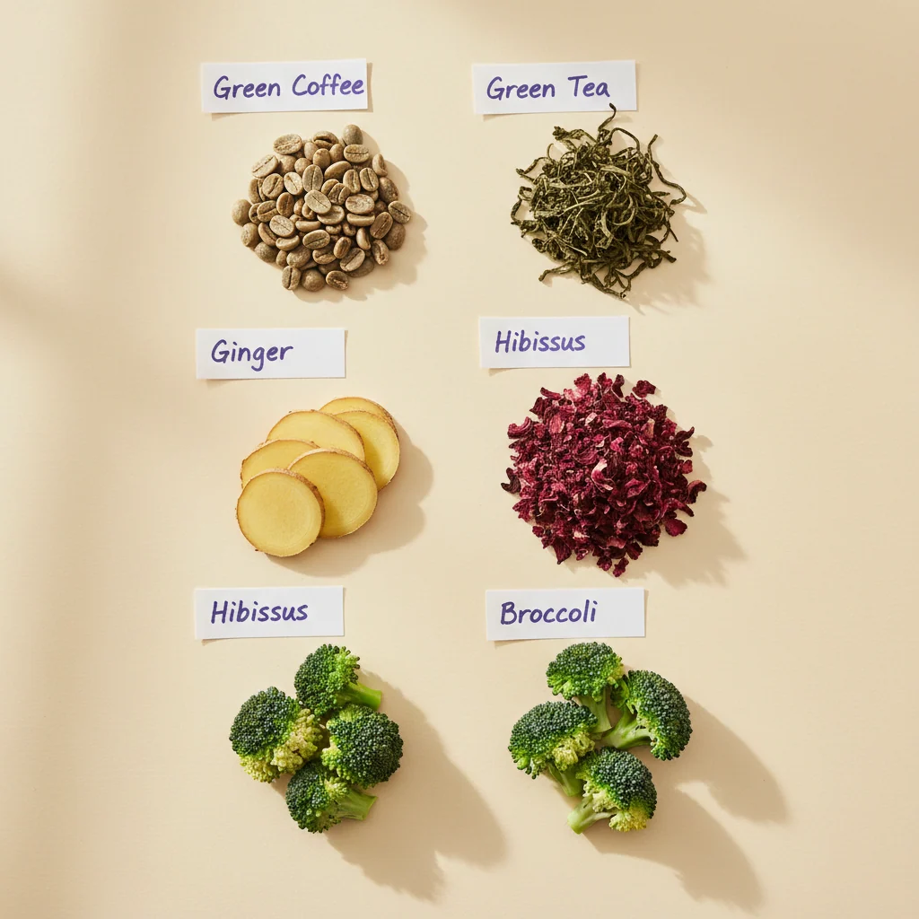 Botanical ingredients flat-lay: green coffee beans, green tea leaves, ginger and hibiscus